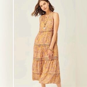 J.jill Yellow and purple floral maxi dress with pleated ruffles,  like new XL